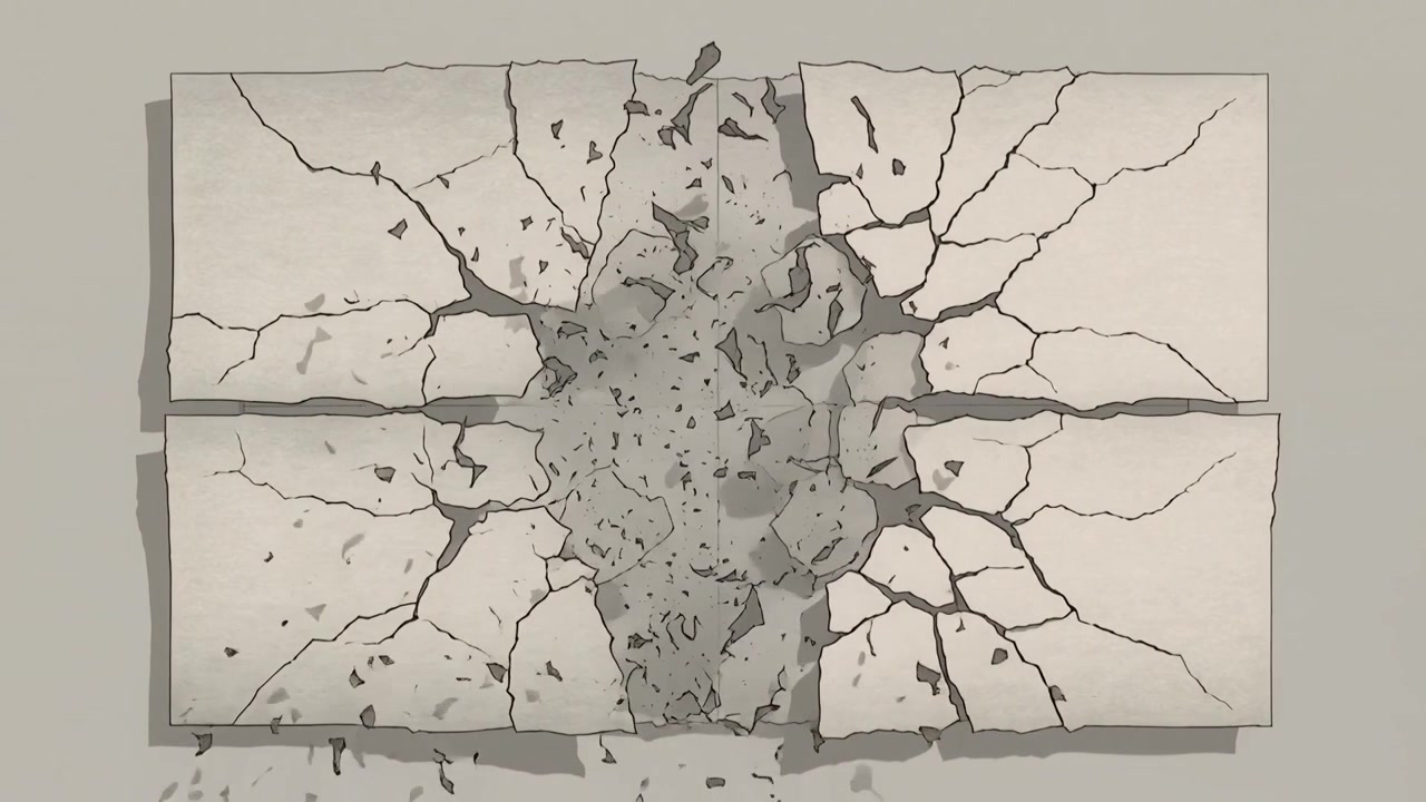 Torn paper sheet tearing away along fold lines on flat surface, revealing jagged hole fragments