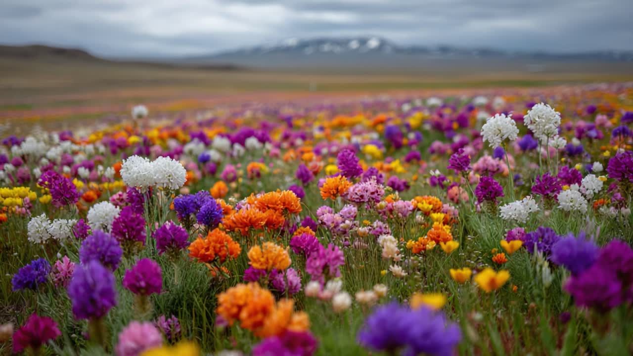 A Vibrant Display of Nature’s Beauty: A Colorful Field of Multi-Hued Wildflowers Under a Dramatic Sky