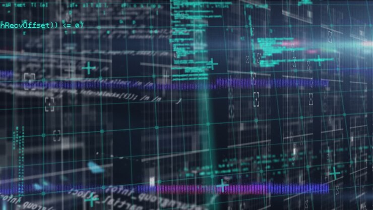 Animation of glitch technique over programming language against abstract background