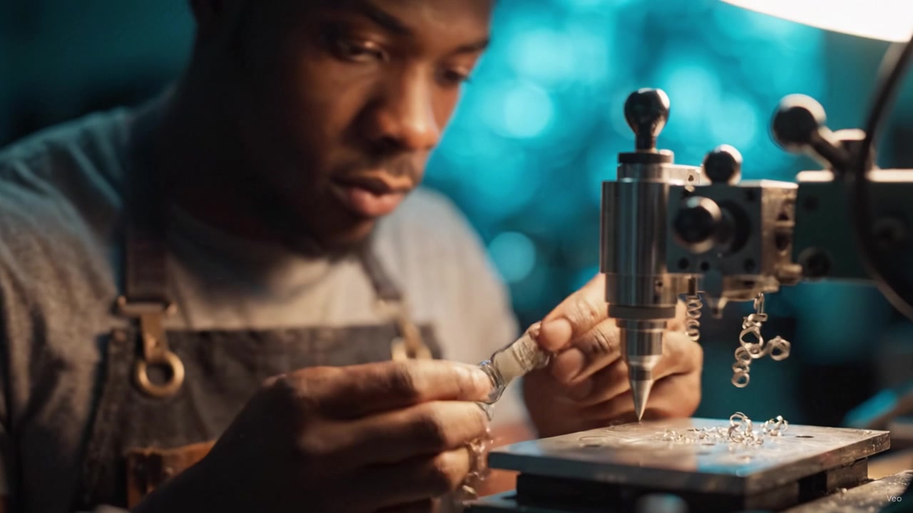 Skilled Artisan Focused on Precision Crafting a Unique Jewelry Piece Using Advanced Tools in a Close-Up Workshop Scene with Soft Ambient Lighting