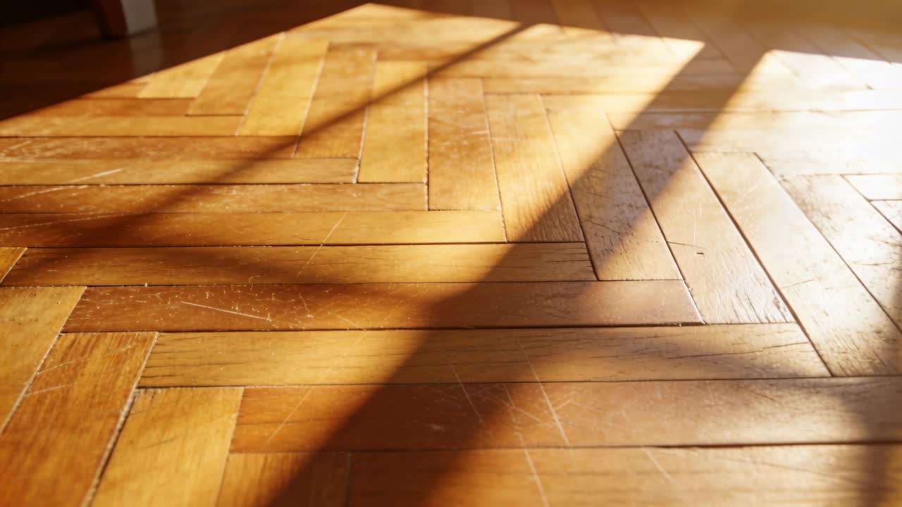 Sun shifting, sunlight casting window shadows across herringbone floor in home showing sunlit patch