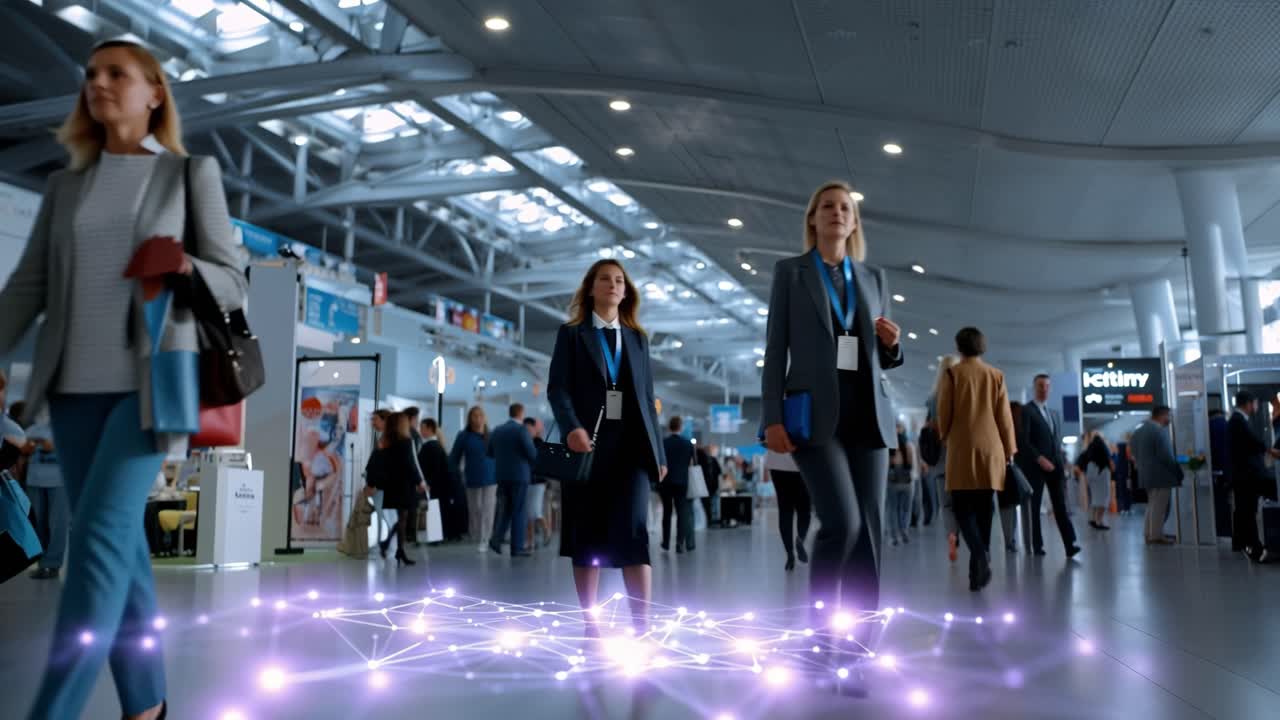 A bustling airport terminal showcasing a vibrant atmosphere filled with travelers, highlighting a technological connection through glowing network visuals beneath their feet