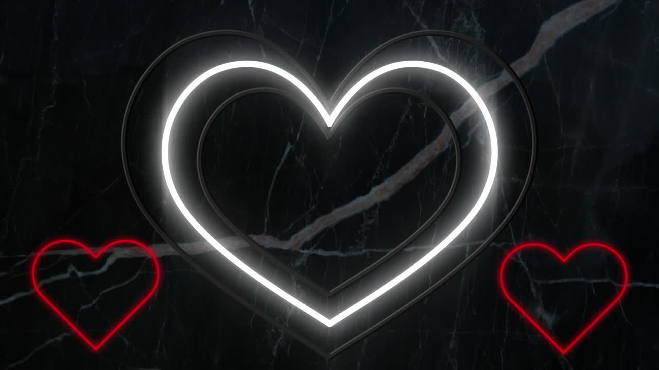 노란색과  ⁇ 색의 동심 및 작은 빨간색 네온 심장이 어두운 벽에  ⁇ 박이는 애니메이션