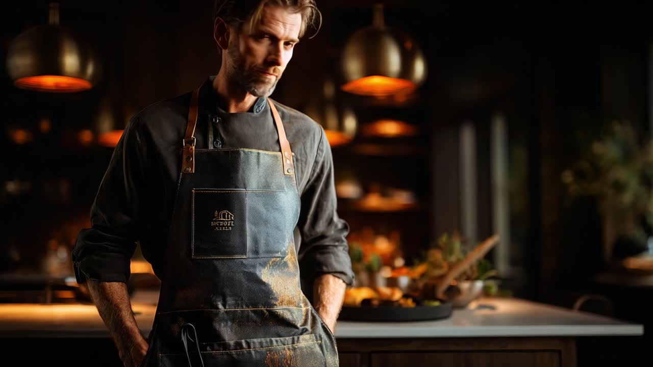 A Focused Chef in a Modern Kitchen: Capturing the Essence of Culinary Artistry with a Stylish Apron and Thoughtful Pose amidst a Tastefully Designed Workspace