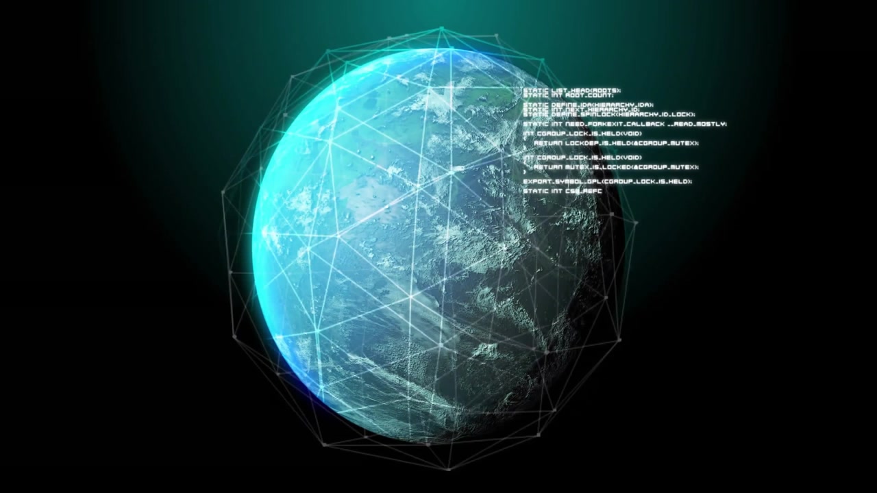 On startup digital globe rotating with code panels expanding and moving to visualize global network