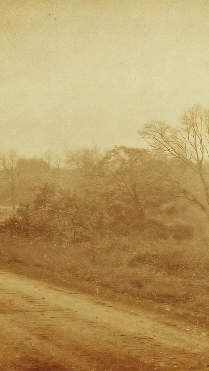 Vertical video: Driving car moving camera past track and bare trees on rural road, recording dust