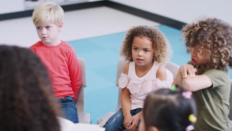 infant school kids sitting on chairs in classroom listening to their teacher reading, elevated view