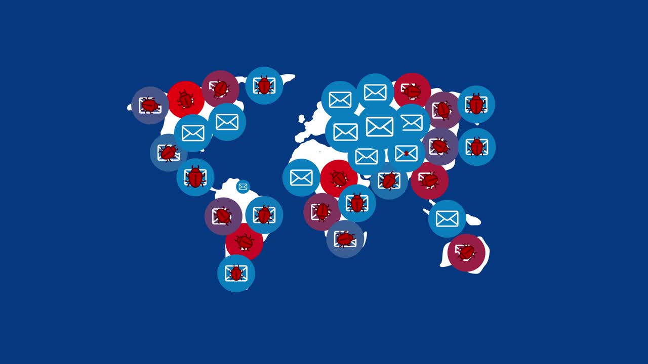 Email icon with malware, virus or bug pop up on world map, Internet communication hacker attack concept design on blue background seamless looping animation 4K with matte alpha channel