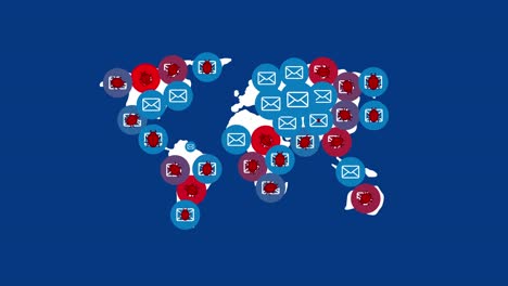 email icon with malware, virus or bug pop up on world map, internet communication hacker attack concept design on blue background seamless looping animation 4k with matte alpha channel