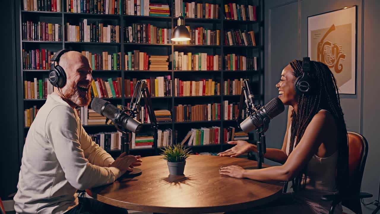 A video of two people recording a podcast in a cozy library setting