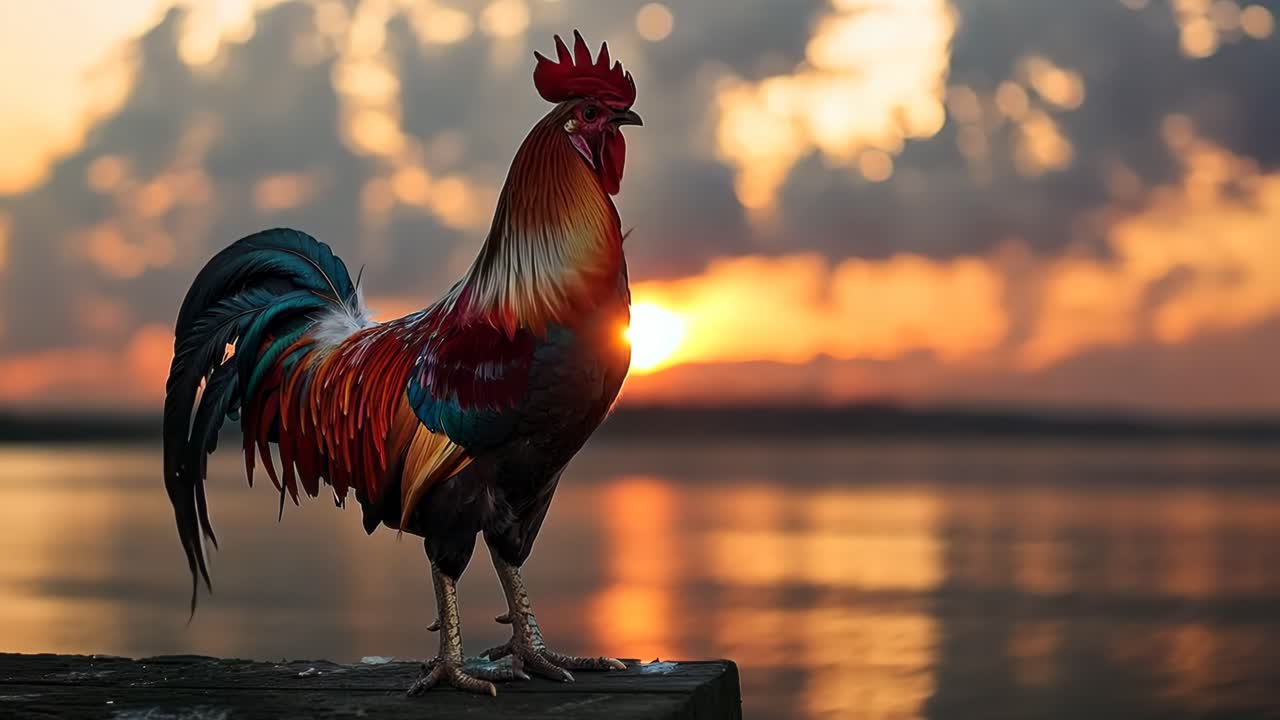 A rooster stands on a wooden post by a body of water. The rooster is red and black, and it is facing the camera. The scene has a peaceful and serene mood, with the rooster standing alone