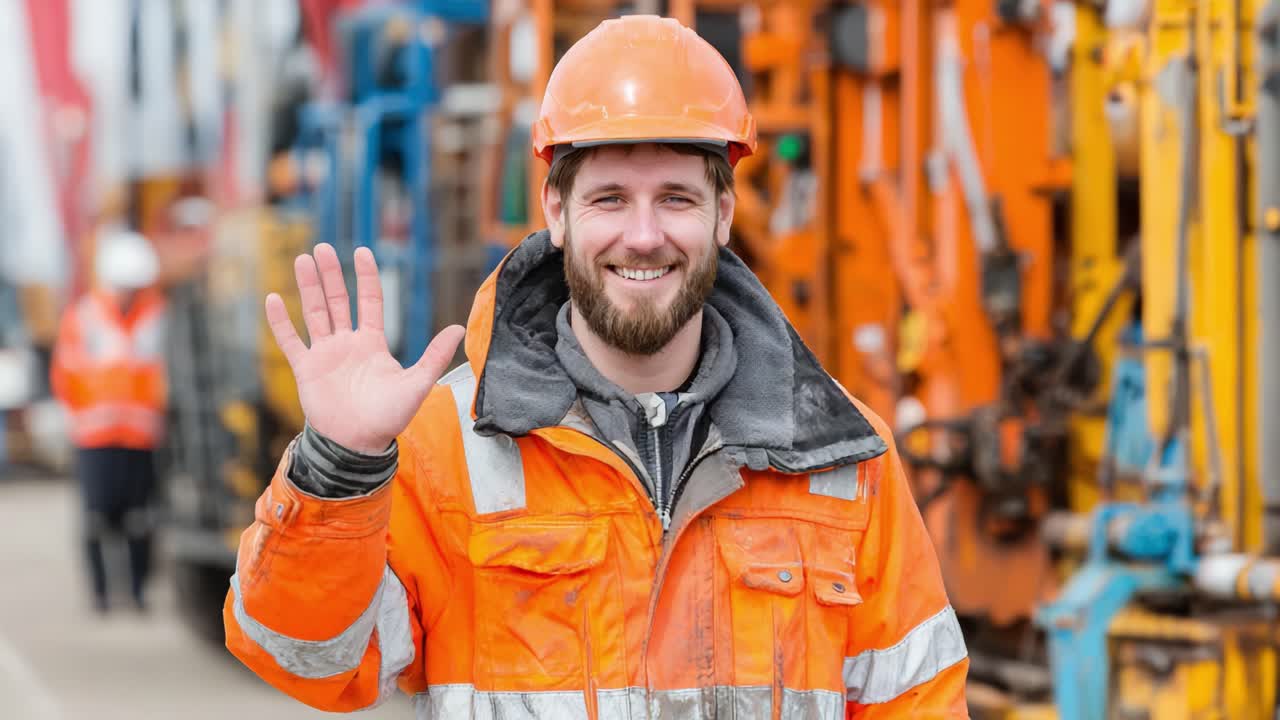 A Friendly Construction Worker Waves with a Smile in Front of Equipment, Showcasing Safety Gear and Professionalism in an Industrial Environment