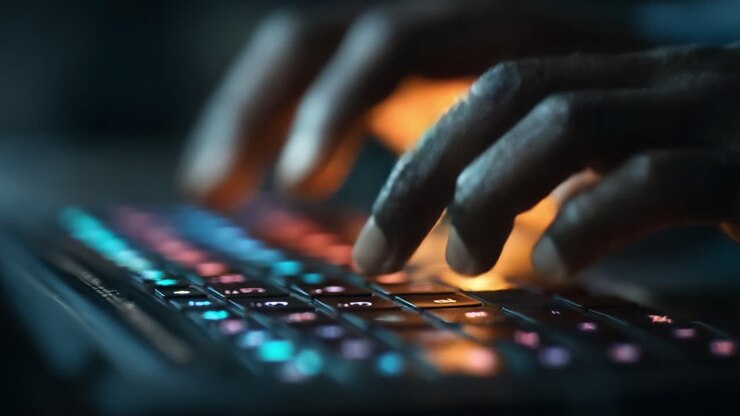 A Close-Up View of Hands Typing on a Vibrantly Illuminated Keyboard, Showcasing the Art of Digital Interaction in a Low-Light Environment
