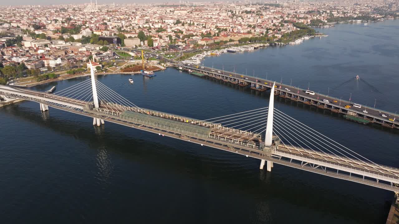 Drone Flies Above Golden Horn Metro Bridge at Sunrise in Istanbul, Turkey
