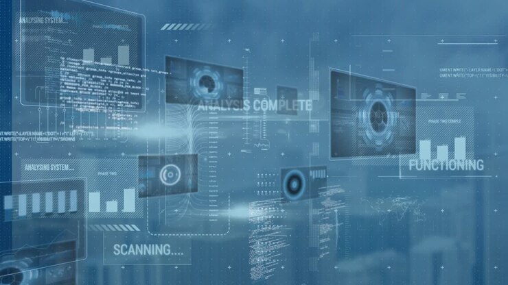 Animation of data processing over blue background