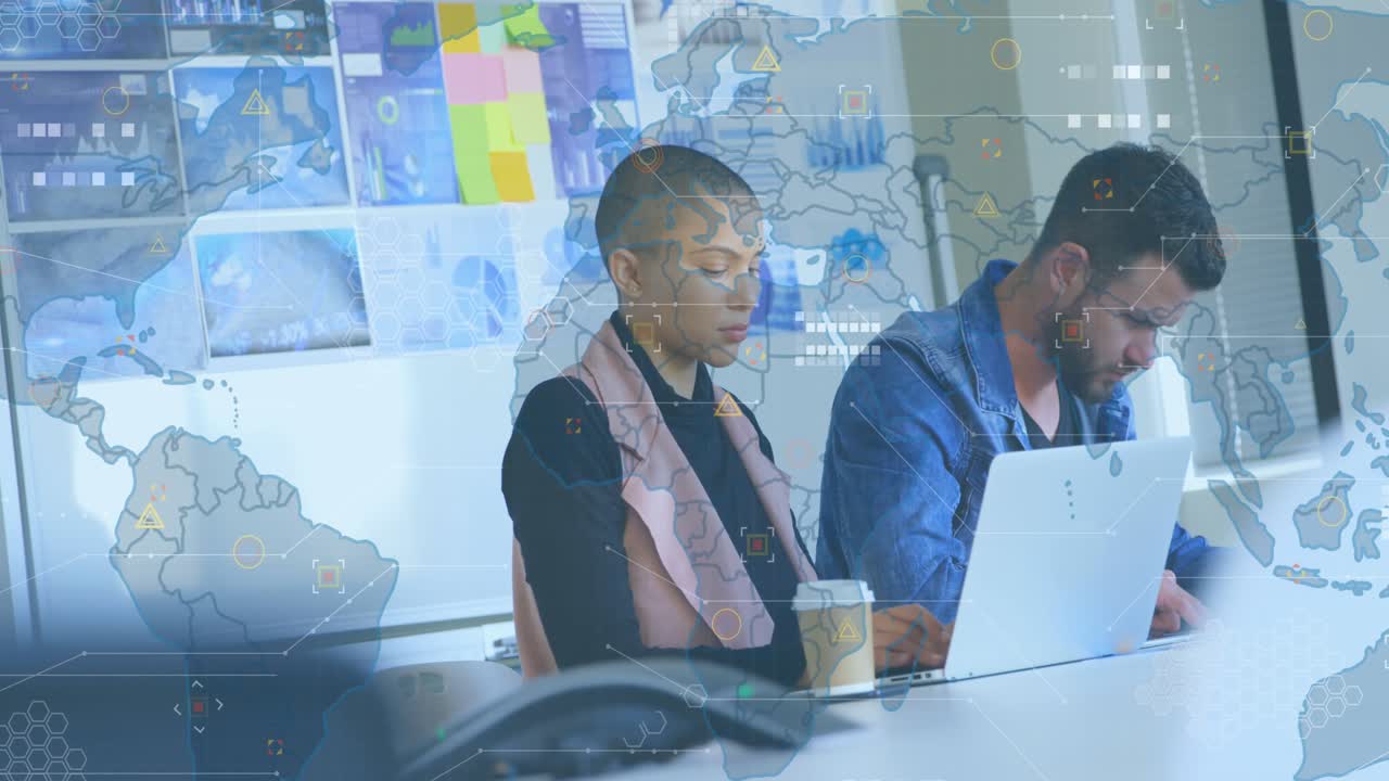 Animation of world map over diverse business people