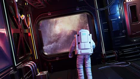 vista trasera del cuerpo completo de un astronauta solo caminando en un corredor espacial futurista observando la tierra y las estrellas. vista de la tierra. animación renderizada en 3d