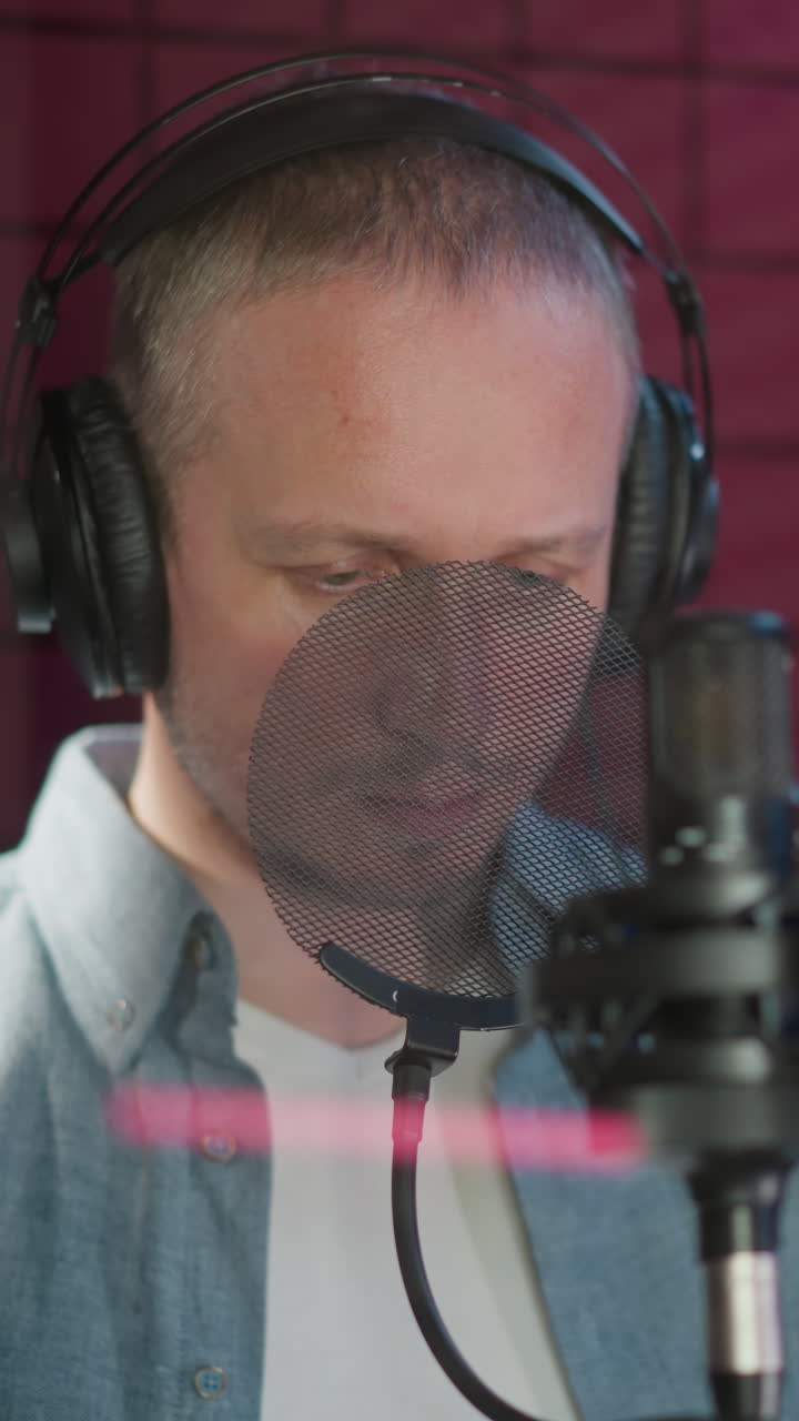 un hombre con una camisa de manga larga azul, camiseta blanca y auriculares negros está de pie frente a un micrófono, haciendo movimientos de la mano en una sala de grabación a prueba de sonido roja