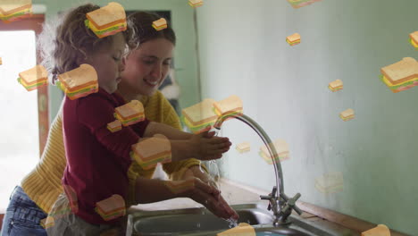 animación de sándwiches iconos sobre madre caucásica con hijo lavando las manos