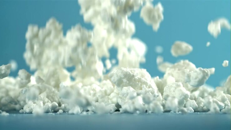 Fiocchi di latte freschi che cadono al rallentatore su uno sfondo blu