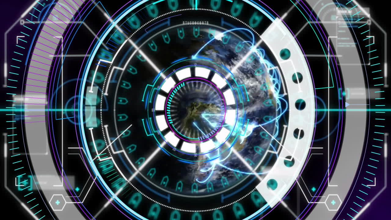 Animation of rotating digital interface elements over Earth in futuristic design