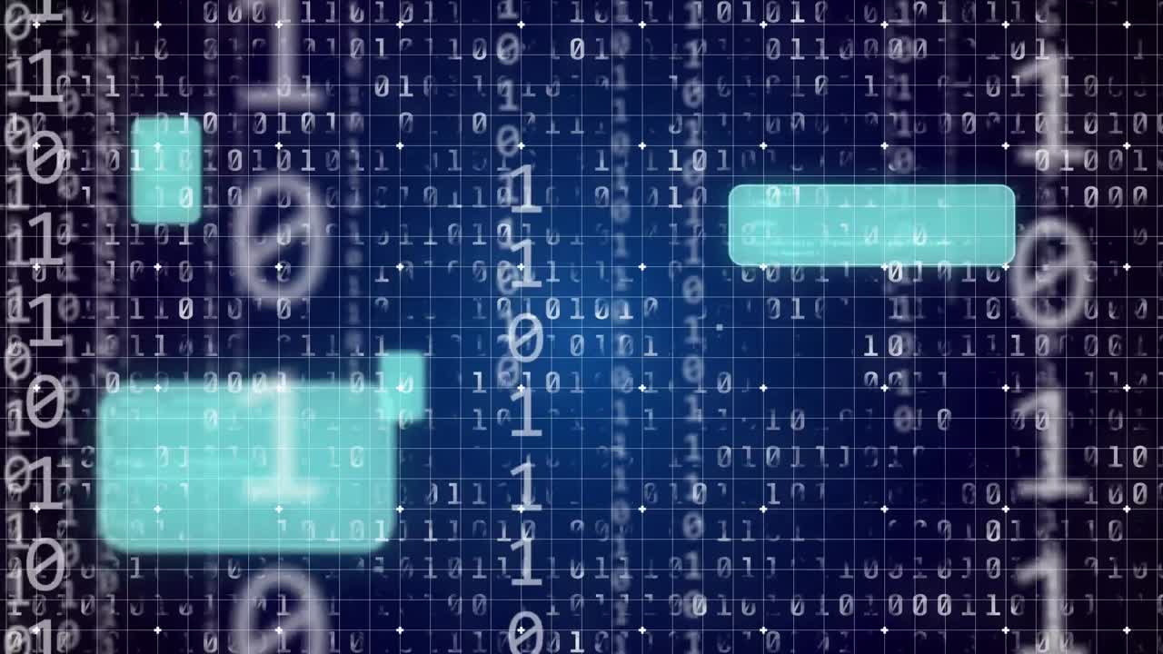 animación de iconos digitales, codificación binaria y procesamiento de datos
