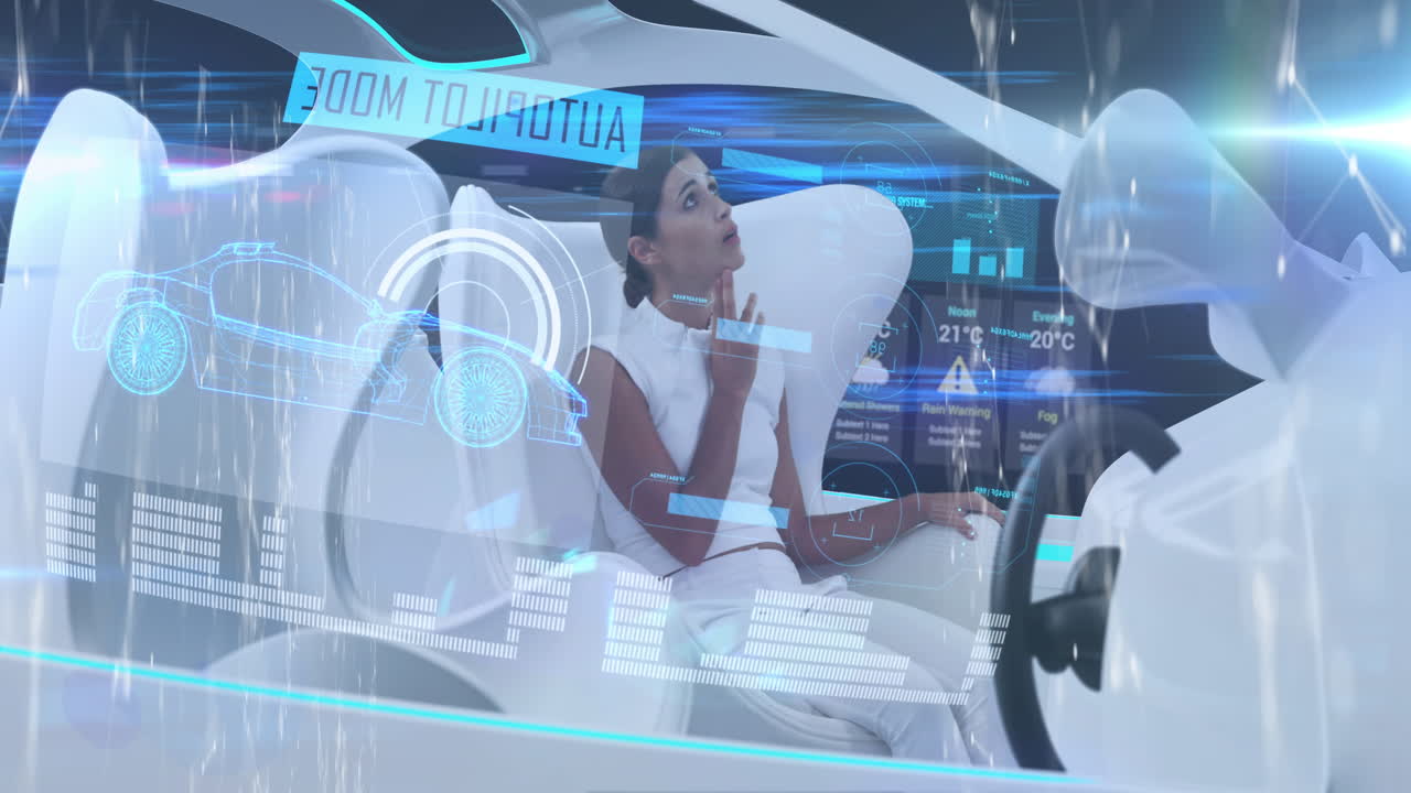 자율주행 자동차에 있는 여성에 대한 통계 및 데이터 처리의 애니메이션