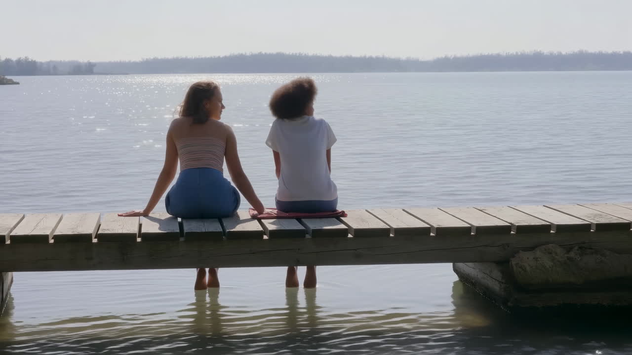 Due donne sedute su un molo in riva a un lago