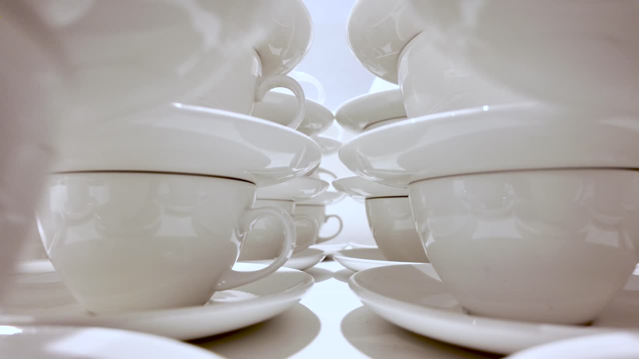 White porcelain tea cups with saucers stacked in rows creating a symmetrical pattern