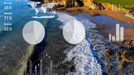 data analytics and global network animation over coastal landscape with waves