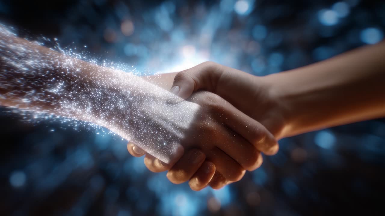 A Transformative Handshake Symbolizing Connection and Collaboration Amidst a Cosmic Background of Sparkling Energy and Light Effects