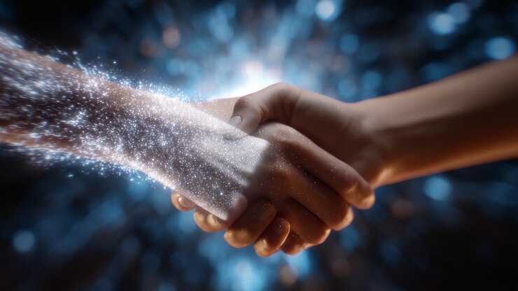 A Transformative Handshake Symbolizing Connection and Collaboration Amidst a Cosmic Background of Sparkling Energy and Light Effects