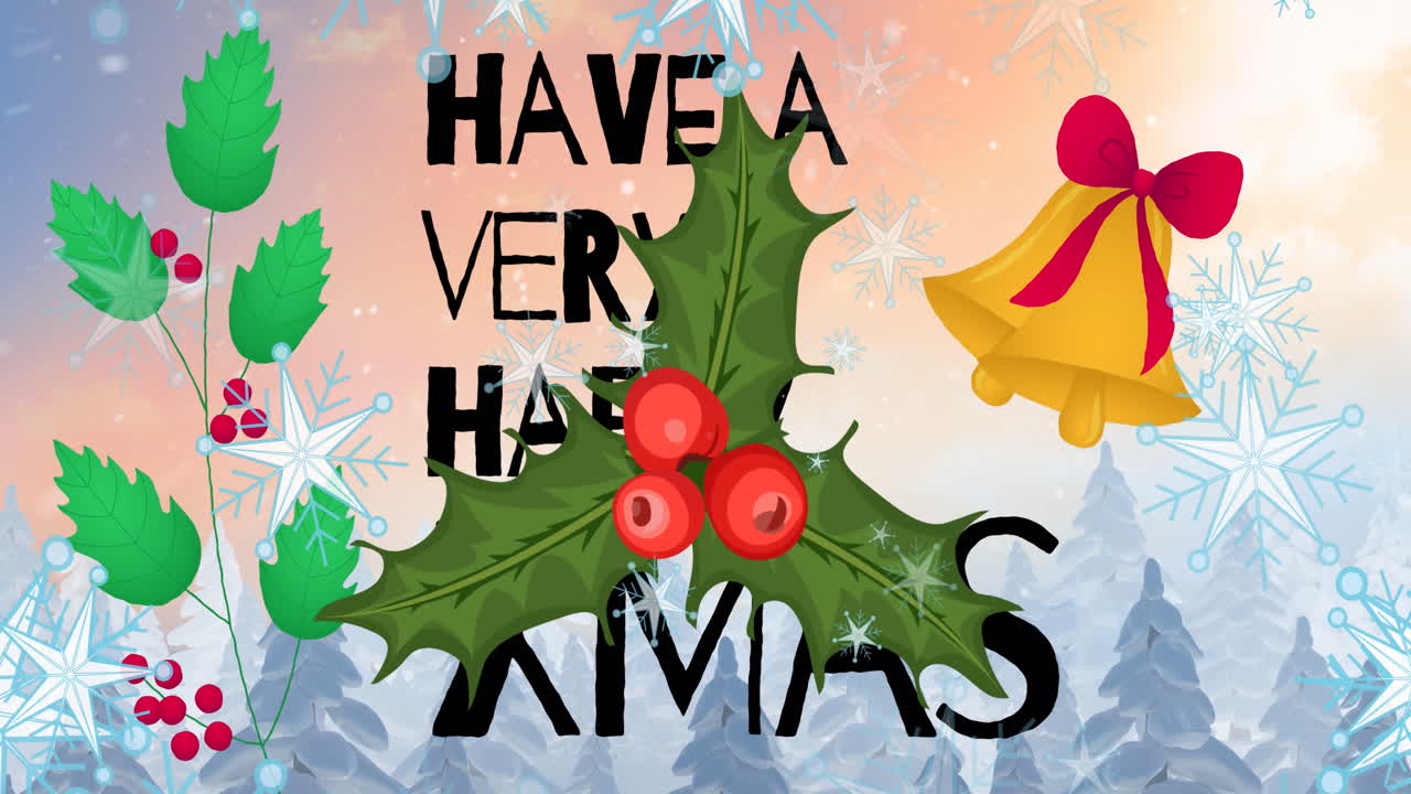 animación de tener un estandarte de texto de feliz navidad y el icono del muérdago contra el paisaje de invierno.