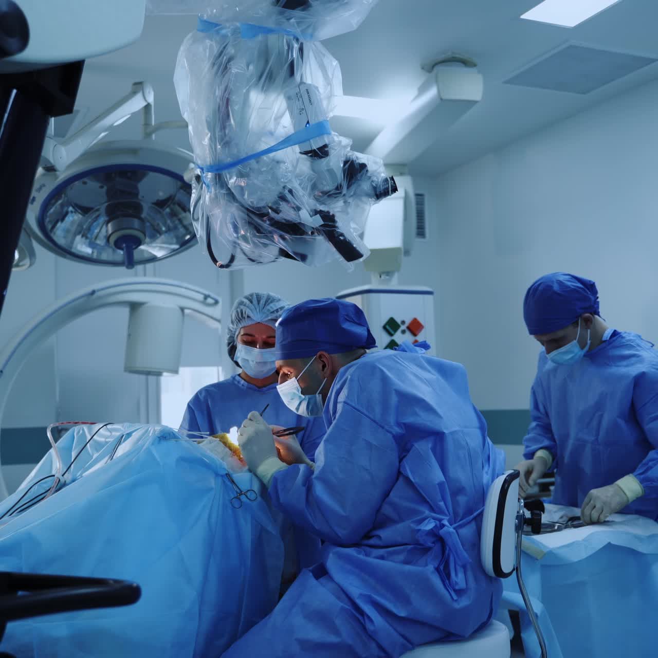 Male surgeon sits beside the patient performing operation. Female nurse assisting the doctor. Modern surgical theatre backdrop