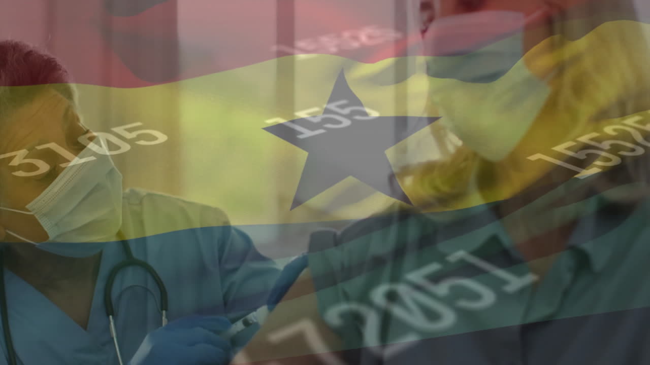 Animation of flag of ghana and numbers processing over caucasian male doctor vaccinating woman