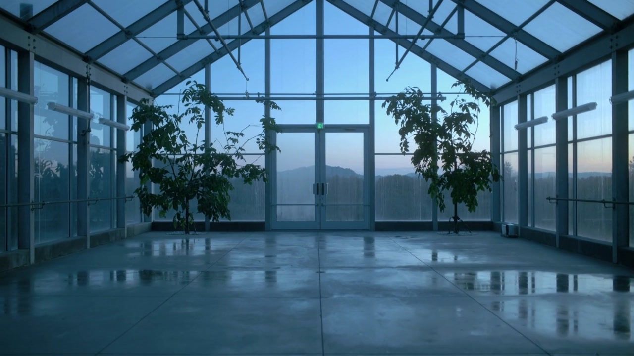 Brightening cool dawn light washing glass atrium, revealing double doors and swaying potted trees