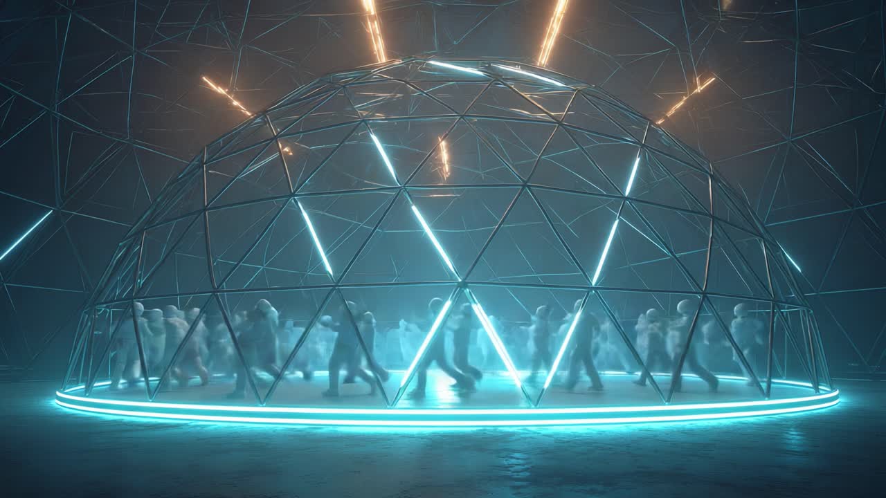 A mesmerizing dance performance within a futuristic illuminated dome, showcasing a captivating blend of movement and light that creates an ethereal atmosphere for the audience