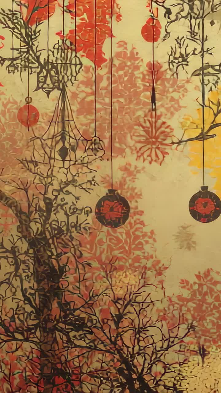 Vertical video: Sliding gnarled branch with blossoms, ornaments into panel at start, copy space