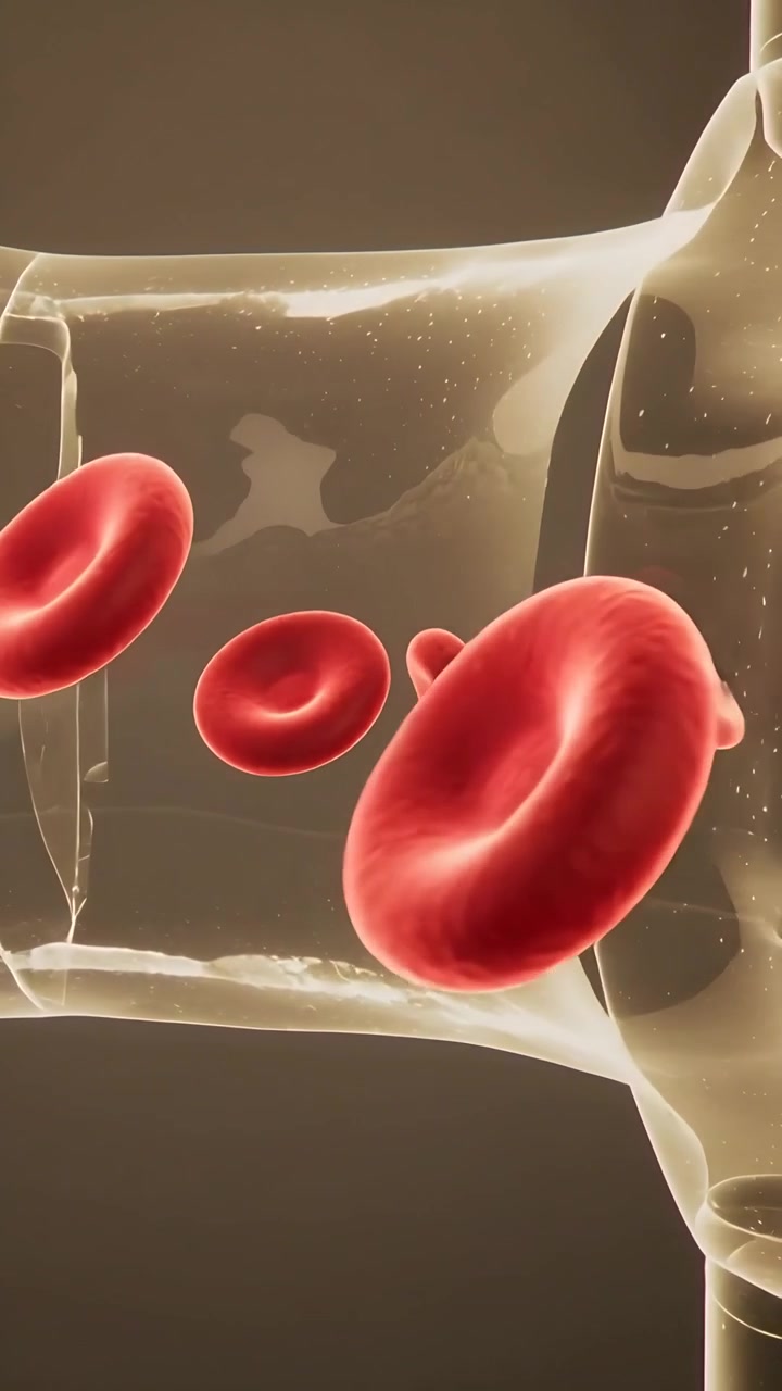 Video verticale: Globuli rossi che entrano da sinistra, ruotano e si stringono attraverso un anello vascolare, spinti dal flusso.