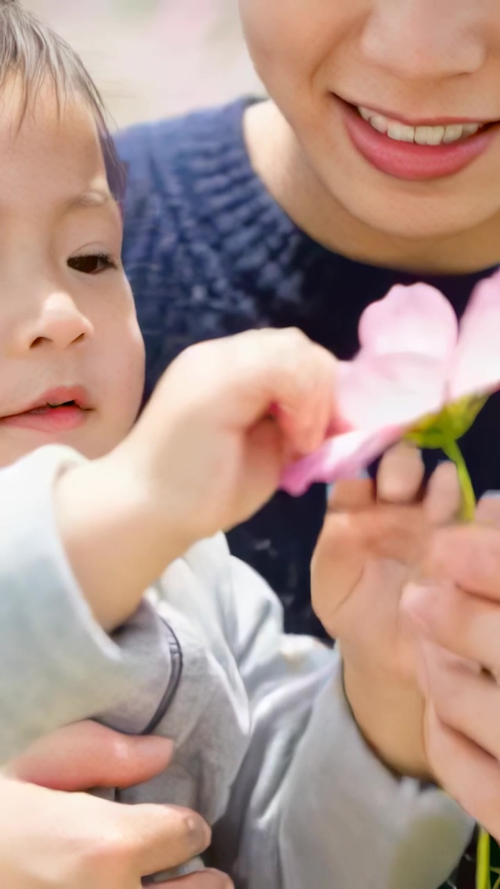 縦型動画：ネイビーのトップスを着た母親が赤ちゃんを抱き、公園でピンクの花びらに触れるのを手伝って遊ぶ様子。