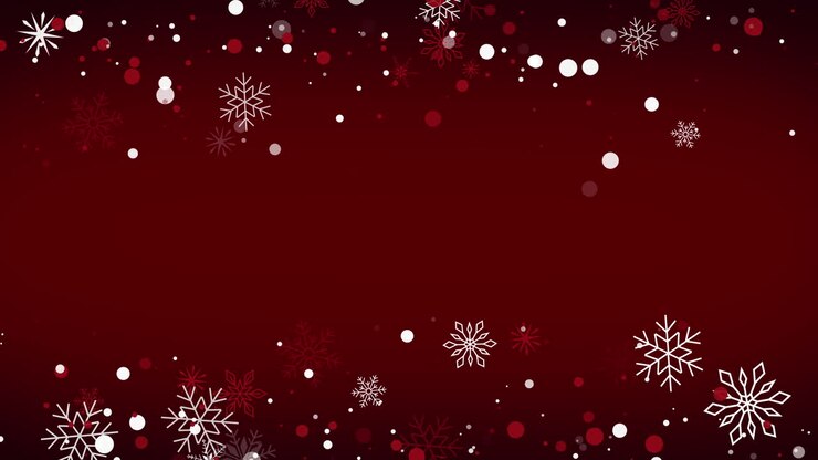 Falling white snowflakes on red festive background. Snowfall Christmas. Copy space. Loop motion graphic.