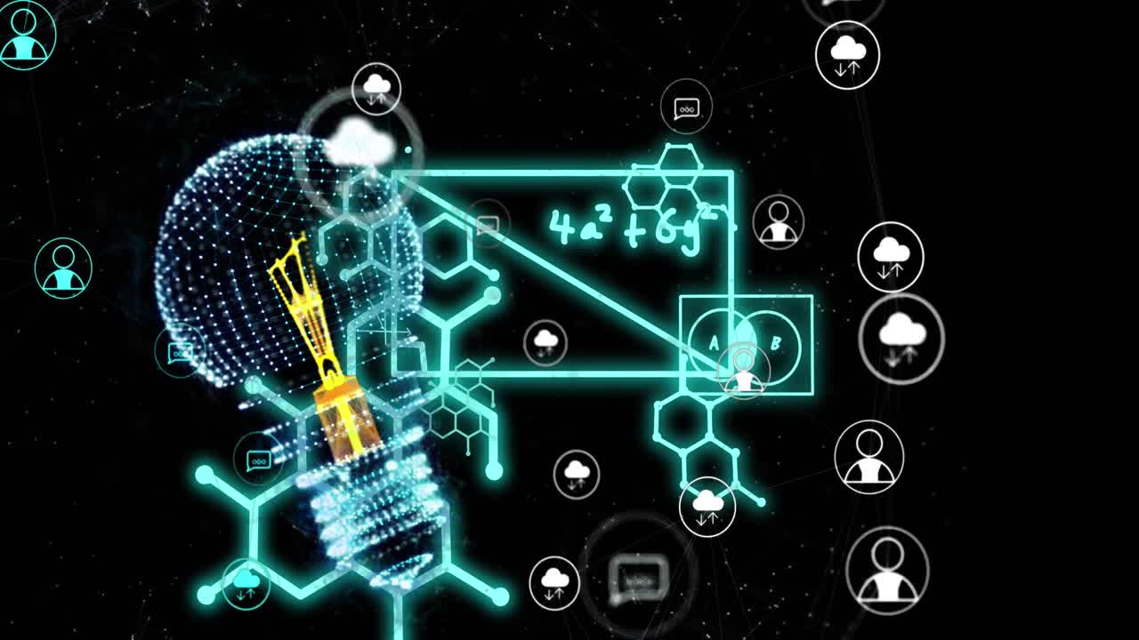 animación de la bombilla, los iconos de la nube, las conexiones y el procesamiento de datos