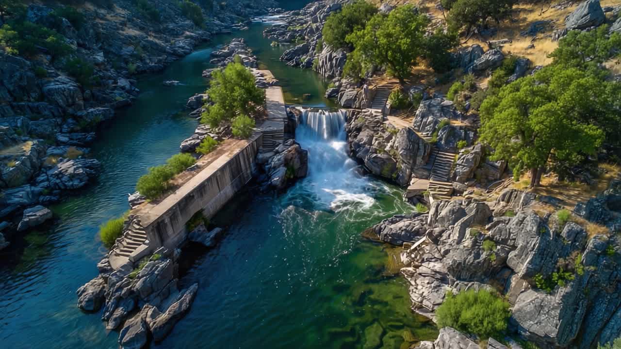 Veduta aerea di una serena gola fluviale con cascata e affioramenti rocciosi, circondata da alberi lussureggianti e bellezza naturale.