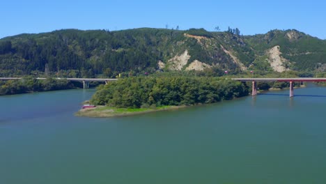 maule river bridge constitution city maule region, talca santiago de chile drone shot orbital