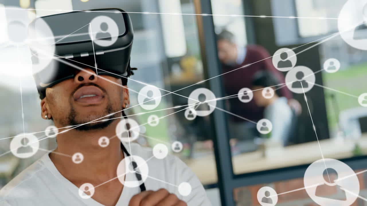 Connectors moving and digital data on man using VR helmet