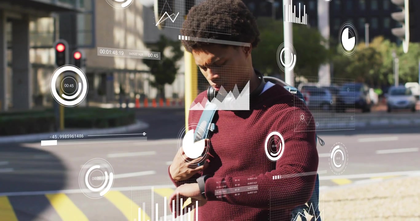 Un pendolare sposta lo sguardo sulle strisce pedonali che mostrano grafici in realtà aumentata, mentre tocca lo smartwatch per aggiornare le immagini.