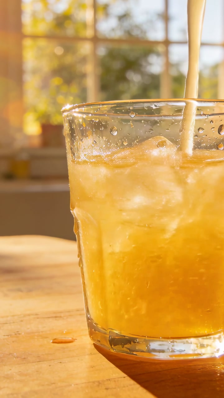 Vertical video: Pouring pale stream filling tumbler glass on wooden table, sunlight, copy space