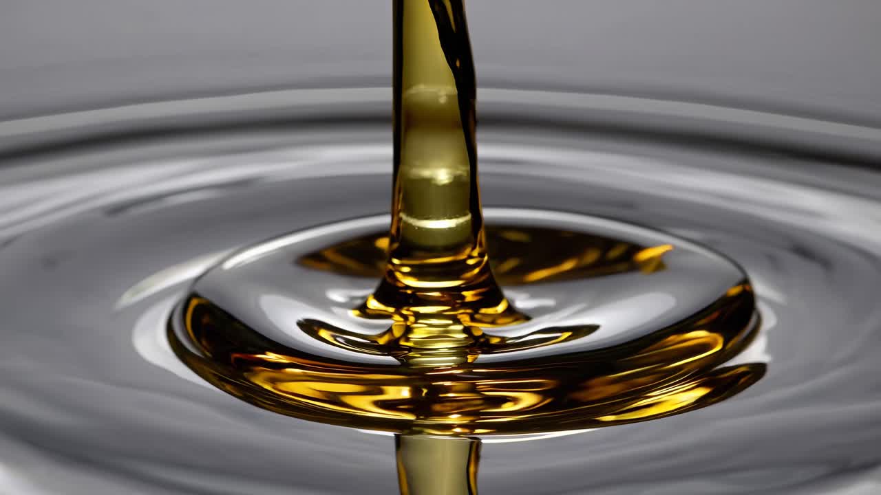 Close-up video of golden liquid pouring into a rippling surface, captured from a high angle
