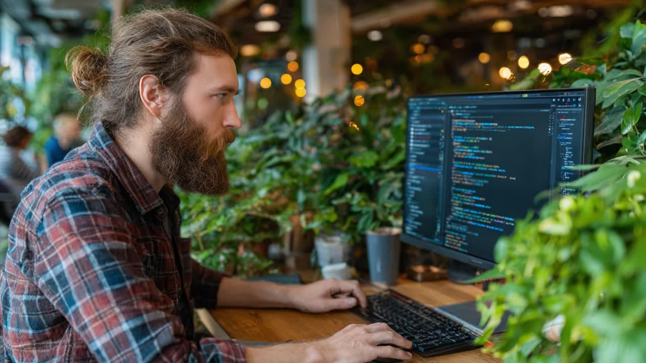 Focused Programmer Working at a Lively Workspace Surrounded by Greenery, Engaging Deeply with Code on a Computer Screen in a Modern Environment