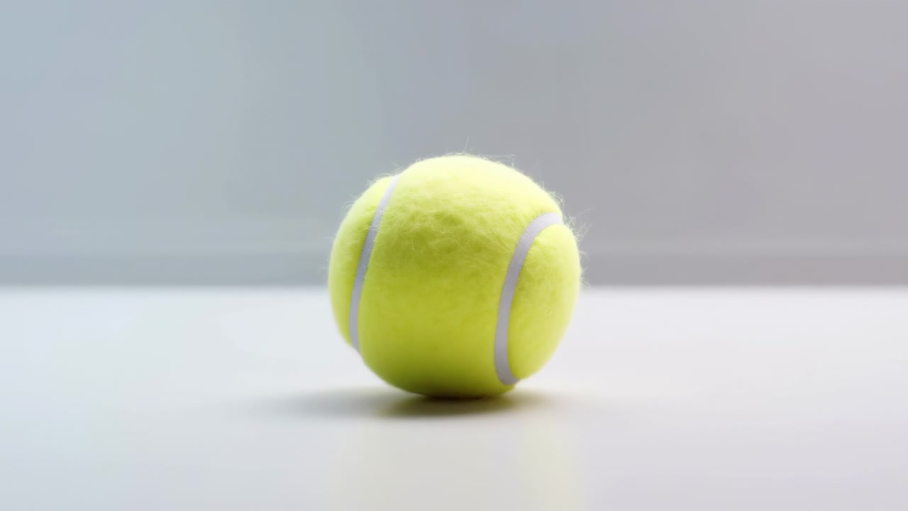 Keltainen tennispallo kuvattuna lyhyen liikesarjan kautta leijuvasta tilasta lepäävään kosketukseen sileällä luonnonvalkoisella tasolla.